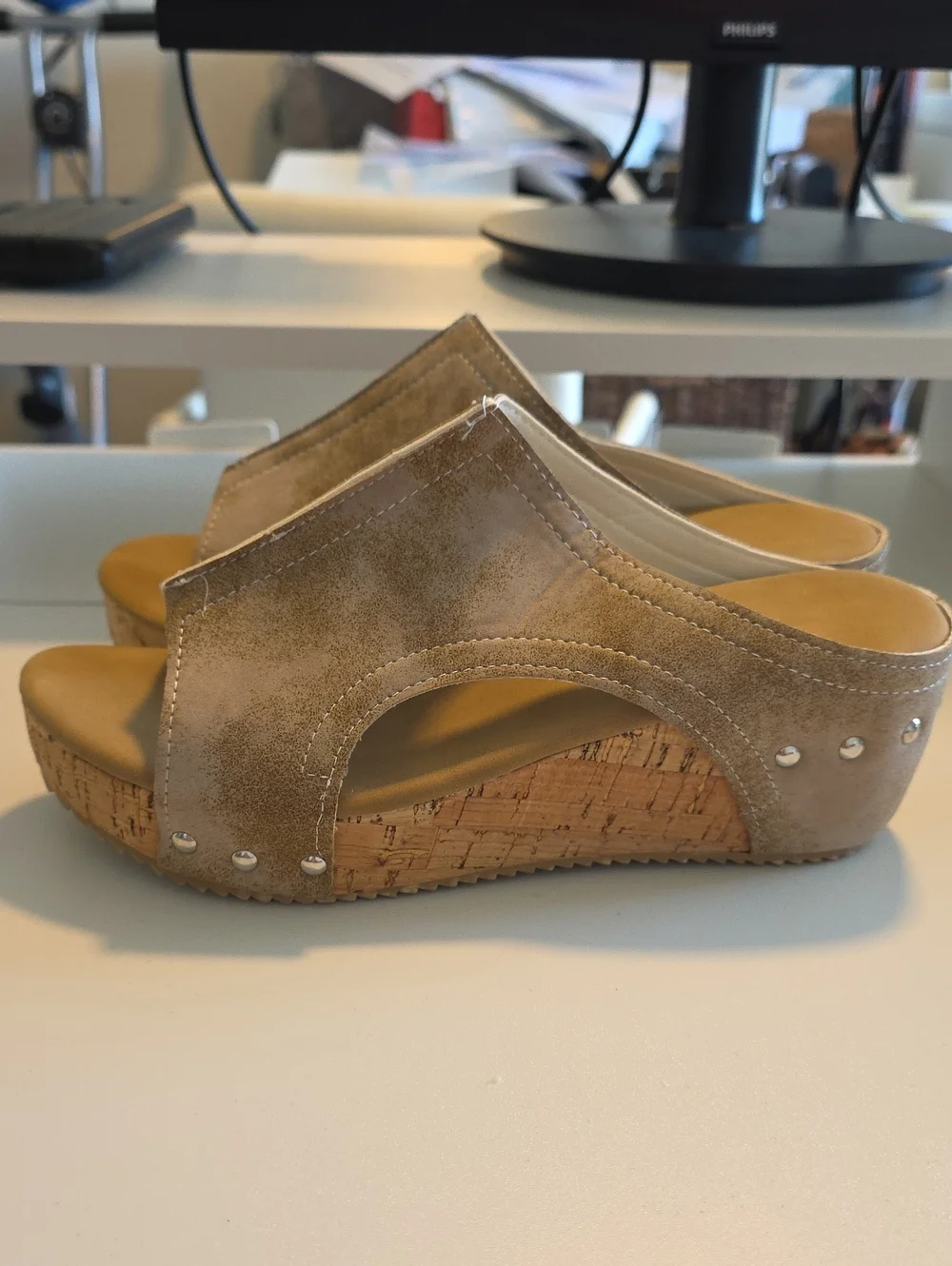 Wedge Slide Sandals in Tan